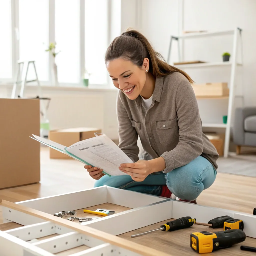 Emily happily assembling furniture